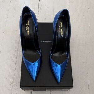 Saint Laurent Kiki 100 Metallic Blue Pointed Toe Stiletto Pumps - Size 39.5